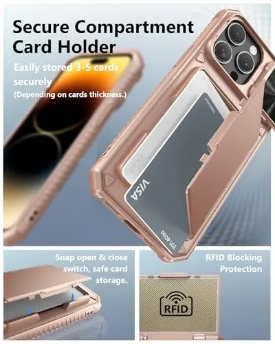 ATATOO iPhone 14 Pro Max uchun karta ushlagichli g‘ilof (3-5 ta kartani saqlaydi) [RFID blokirovka] va sirg‘anuvchi linza qopqog‘i, harbiy darajadagi himoya, silikon himoya hamyon g‘ilofi 14 Pro Max 6.7 uchun, Rose Gold - 3