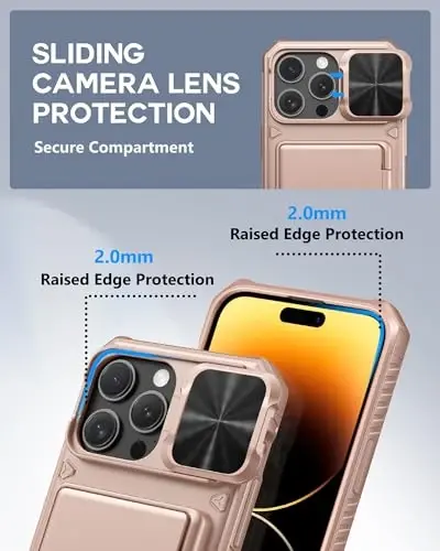ATATOO iPhone 14 Pro Max uchun karta ushlagichli g‘ilof (3-5 ta kartani saqlaydi) [RFID blokirovka] va sirg‘anuvchi linza qopqog‘i, harbiy darajadagi himoya, silikon himoya hamyon g‘ilofi 14 Pro Max 6.7 uchun, Rose Gold - 4