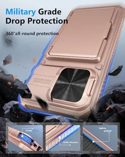 ATATOO iPhone 14 Pro Max uchun karta ushlagichli g‘ilof (3-5 ta kartani saqlaydi) [RFID blokirovka] va sirg‘anuvchi linza qopqog‘i, harbiy darajadagi himoya, silikon himoya hamyon g‘ilofi 14 Pro Max 6.7 uchun, Rose Gold - 5