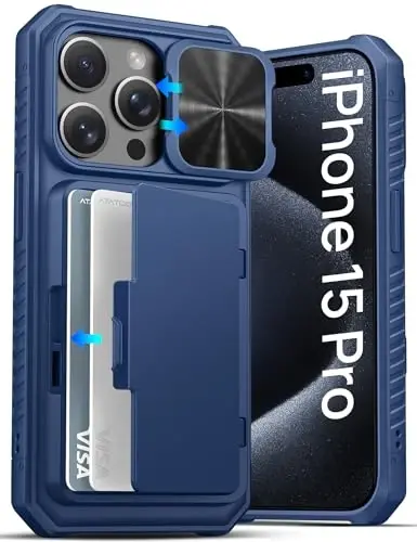 ATATOO iPhone 15 Pro hamyonli g‘ilof, o‘rnatilgan karta ushlagich (3-5 ta karta) va siljydigan kamera qopqog‘i, harbiy darajadagi himoya, iPhone 15 Pro 6.1
