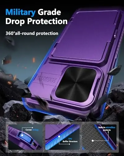 ATATOO iPhone 15 Pro Kılıf Kartlıklı Cüzdan (3-5 Kart Alır) ve Sürgülü Kamera Kapağı, Askeri Sınıf Koruma, Sağlam Darbeye Dayanıklı Cüzdan Telefon Kılıfı iPhone 15 Pro 6.1
