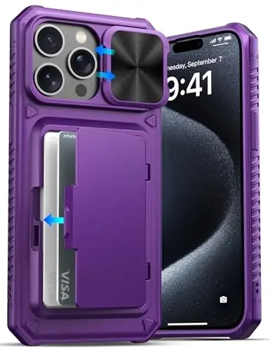 ATATOO iPhone 15 Pro Max gʻilofi uchun, oʻrnatilgan karta ushlagich (3-5 ta karta saqlaydi) va surma kamera qopqogʻi, Harbiy darajadagi himoya, iPhone 15 Pro Max 6.7