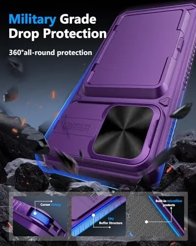 ATATOO iPhone 15 Pro Max gʻilofi uchun, oʻrnatilgan karta ushlagich (3-5 ta karta saqlaydi) va surma kamera qopqogʻi, Harbiy darajadagi himoya, iPhone 15 Pro Max 6.7