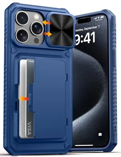 ATATOO, iPhone 15 Pro Max için Cüzdan Kılıf, Dahili Kart Tutucu (3-5 Kart) ve Sürgülü Kamera Kapağı, Askeri Sınıf Koruma, iPhone 15 Pro Max 6,7
