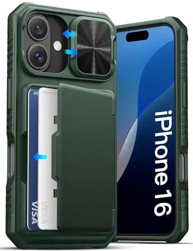 ATATOO iPhone 16 için Kartlıklı Cüzdan Kılıfı (3-5 Kart Alır) [RFID Engelleme] & Sürgülü Kamera Kapağı, Askeri Sınıf Koruma, Ağır Hizmet Tipi Darbeye Dayanıklı iPhone 16 6.1