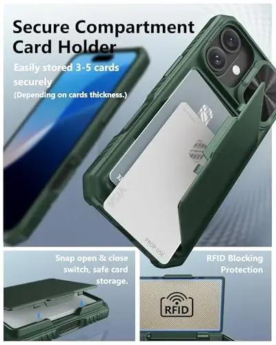 ATATOO iPhone 16 için Kartlıklı Cüzdan Kılıfı (3-5 Kart Alır) [RFID Engelleme] & Sürgülü Kamera Kapağı, Askeri Sınıf Koruma, Ağır Hizmet Tipi Darbeye Dayanıklı iPhone 16 6.1