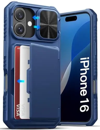 ATATOO for iPhone 16 Case with Card Holder (Store 3-5 Cards) & Slide Camera Cover & RFID Blocking, Military Grade Protection, Rugged Silicone Wallet Case for iPhone 16 6.1