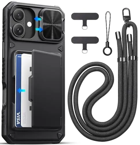 ATATOO, iPhone 16 Plus Kılıf, Cüzdanlı ve Boyun Askılı, Kadın ve Erkekler için Çapraz Telefon Askısı, Kartlık, Sürgülü Kamera Kapağı, Askeri Sınıf Koruma, iPhone 16 Plus 6.7