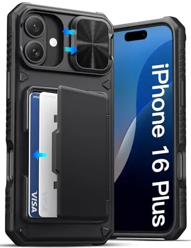 ATATOO for iPhone 16 Plus Case with Card Holder (Store 3-5 Cards) [RFID Blocking] & Slide Camera Cover, Military Grade Protection, Rugged Silicone Wallet Case for iPhone 16 Plus 6.7