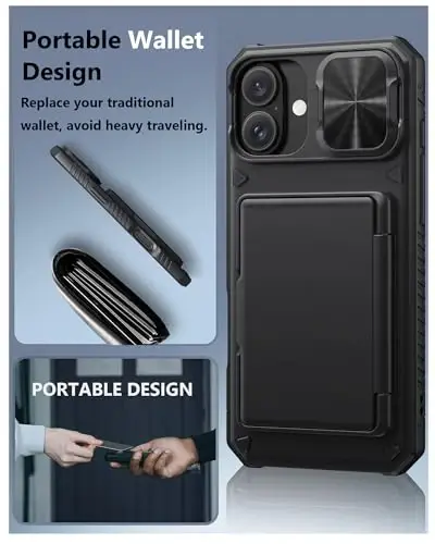 ATATOO for iPhone 16 Plus Case with Card Holder (Store 3-5 Cards) [RFID Blocking] & Slide Camera Cover, Military Grade Protection, Rugged Silicone Wallet Case for iPhone 16 Plus 6.7