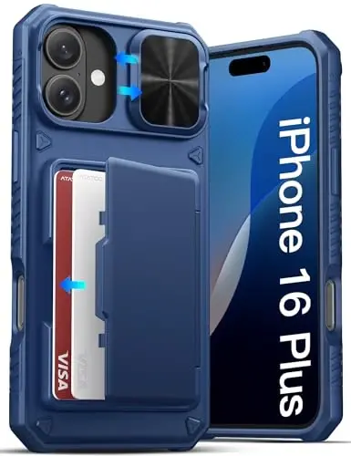 ATATOO for iPhone 16 Plus Case with Card Holder (Store 3-5 Cards) & Slide Camera Cover & RFID Blocking, Military Grade Protection, Rugged Silicone Wallet Case for iPhone 16 Plus 6.7