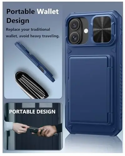 ATATOO for iPhone 16 Plus Case with Card Holder (Store 3-5 Cards) & Slide Camera Cover & RFID Blocking, Military Grade Protection, Rugged Silicone Wallet Case for iPhone 16 Plus 6.7