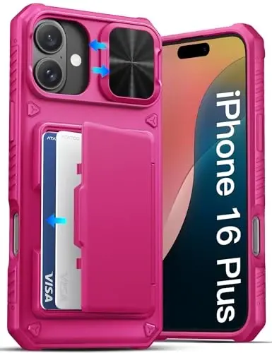 ATATOO iPhone 16 Plus uchun g‘ilof, o‘rnatilgan karta ushlagichi (3-5 ta kartani saqlaydi) va slaydli kamera himoyachisi, harbiy darajadagi himoya, iPhone 16 Plus 2024 uchun ayollar uchun yoqimli silikon hamyonli g‘ilof, to‘q pushti 