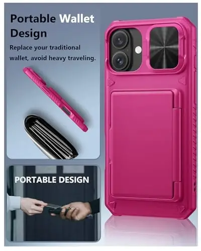 ATATOO iPhone 16 Plus uchun g‘ilof, o‘rnatilgan karta ushlagichi (3-5 ta kartani saqlaydi) va slaydli kamera himoyachisi, harbiy darajadagi himoya, iPhone 16 Plus 2024 uchun ayollar uchun yoqimli silikon hamyonli g‘ilof, to‘q pushti - 6