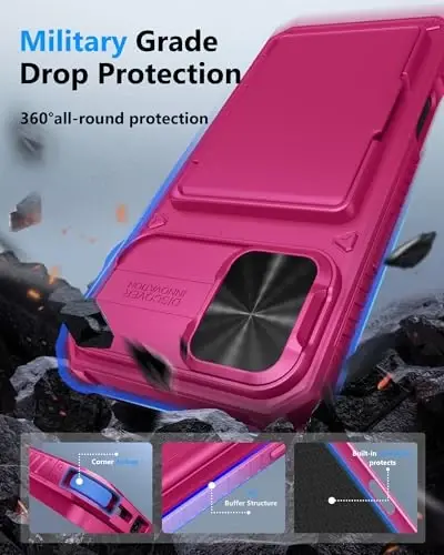 ATATOO iPhone 16 Plus uchun g‘ilof, o‘rnatilgan karta ushlagichi (3-5 ta kartani saqlaydi) va slaydli kamera himoyachisi, harbiy darajadagi himoya, iPhone 16 Plus 2024 uchun ayollar uchun yoqimli silikon hamyonli g‘ilof, to‘q pushti - 5