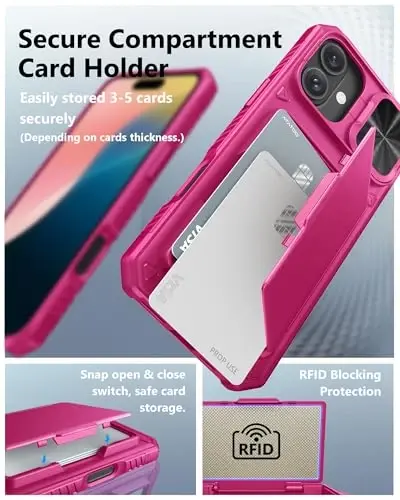 ATATOO iPhone 16 Plus uchun g‘ilof, o‘rnatilgan karta ushlagichi (3-5 ta kartani saqlaydi) va slaydli kamera himoyachisi, harbiy darajadagi himoya, iPhone 16 Plus 2024 uchun ayollar uchun yoqimli silikon hamyonli g‘ilof, to‘q pushti - 3