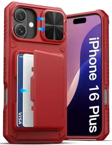 ATATOO iPhone 16 Plus uchun karta ushlagichi bilan (3-5 ta karta sig'adi) [RFID blokirovka] va linza slayder himoyachisi, harbiy darajadagi himoya, iPhone 16 Plus 6.7