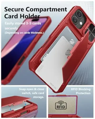 ATATOO iPhone 16 Plus uchun karta ushlagichi bilan (3-5 ta karta sig'adi) [RFID blokirovka] va linza slayder himoyachisi, harbiy darajadagi himoya, iPhone 16 Plus 6.7