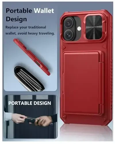 ATATOO iPhone 16 Plus uchun karta ushlagichi bilan (3-5 ta karta sig'adi) [RFID blokirovka] va linza slayder himoyachisi, harbiy darajadagi himoya, iPhone 16 Plus 6.7