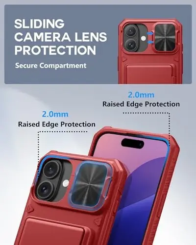 ATATOO iPhone 16 Plus uchun karta ushlagichi bilan (3-5 ta karta sig'adi) [RFID blokirovka] va linza slayder himoyachisi, harbiy darajadagi himoya, iPhone 16 Plus 6.7