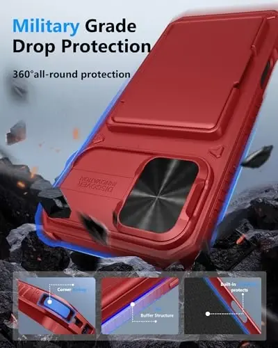 ATATOO iPhone 16 Plus uchun karta ushlagichi bilan (3-5 ta karta sig'adi) [RFID blokirovka] va linza slayder himoyachisi, harbiy darajadagi himoya, iPhone 16 Plus 6.7