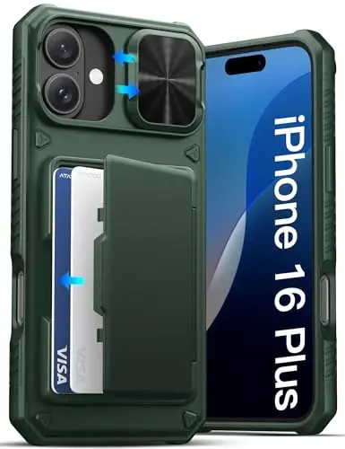 ATATOO iPhone 16 Plus uchun karta ushlagichli hamyon gʻilofi (3-5 ta kartani saqlaydi) [RFID blokirovka] & Sürgülü kamera qopqogʻi, harbiy darajadagi himoya, iPhone 16 Plus uchun zarbaga chidamli gʻilof, yashil 