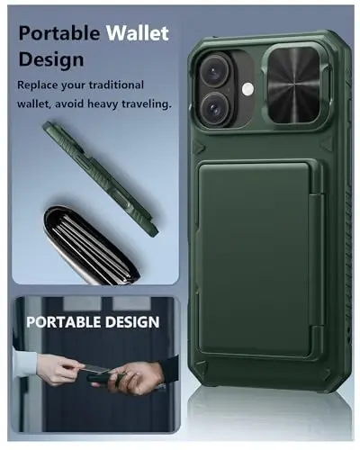 ATATOO iPhone 16 Plus uchun karta ushlagichli hamyon gʻilofi (3-5 ta kartani saqlaydi) [RFID blokirovka] & Sürgülü kamera qopqogʻi, harbiy darajadagi himoya, iPhone 16 Plus uchun zarbaga chidamli gʻilof, yashil - 6