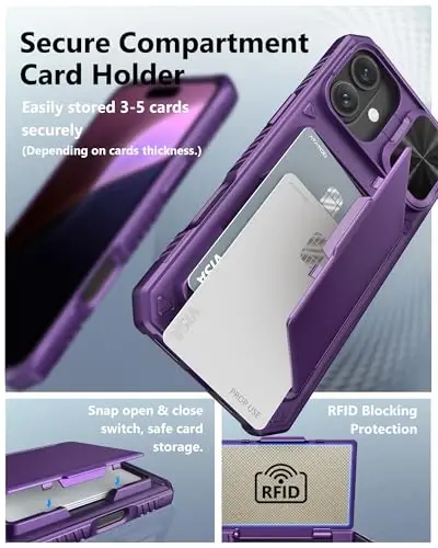 ATATOO iPhone 16 Plus uchun kartalar uchun hamyonli g'ilof (3-5 ta kartani saqlash) va slayd linzalari qopqog'i, harbiy darajadagi himoya, zarbaga chidamli hamyonli telefon g'ilofi iPhone 16 Plus 6.7