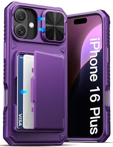 ATATOO iPhone 16 Plus uchun kartalar uchun hamyonli g'ilof (3-5 ta kartani saqlash) va slayd linzalari qopqog'i, harbiy darajadagi himoya, zarbaga chidamli hamyonli telefon g'ilofi iPhone 16 Plus 6.7