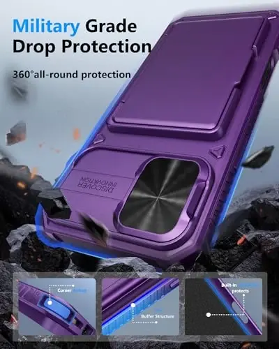 ATATOO iPhone 16 Plus uchun kartalar uchun hamyonli g'ilof (3-5 ta kartani saqlash) va slayd linzalari qopqog'i, harbiy darajadagi himoya, zarbaga chidamli hamyonli telefon g'ilofi iPhone 16 Plus 6.7