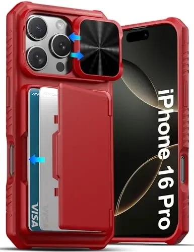 ATATOO for iPhone 16 Pro Case with Card Holder (Store 3-5 Cards) [RFID Blocking] & Slide Lens Protector, Military Grade Protection, Rugged Silicone Wallet Cover for iPhone 16 Pro 6.3
