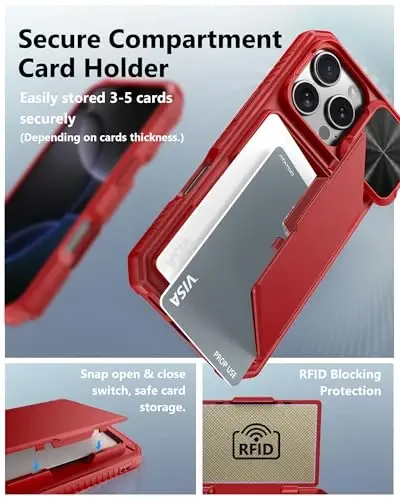 ATATOO for iPhone 16 Pro Case with Card Holder (Store 3-5 Cards) [RFID Blocking] & Slide Lens Protector, Military Grade Protection, Rugged Silicone Wallet Cover for iPhone 16 Pro 6.3