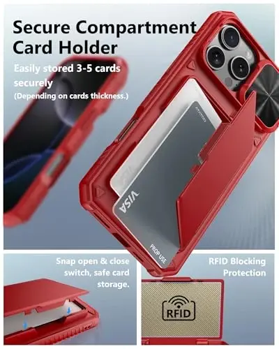 ATATOO iPhone 16 Pro Max uchun kartani ushlagichli g‘ilof (3-5 ta kartani saqlaydi) [RFID blokirovkasi] va linza slayder himoyachisi, harbiy darajadagi himoya, iPhone 16 Pro Max 6.9