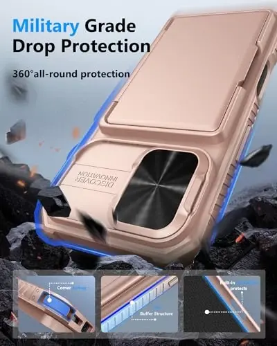 ATATOO iPhone 16 uchun hamyonli gʻilof, ichiga oʻrnatilgan karta ushlagichi (3-5 ta karta sigʻadi) va suriladigan linza qopqogʻi, harbiy darajadagi himoya, zarbaga chidamli silikon himoya gʻilofi iPhone 16 uchun, pushti tilla - 5