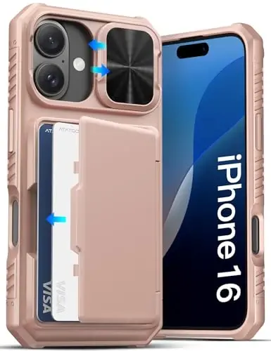 ATATOO iPhone 16 uchun hamyonli gʻilof, ichiga oʻrnatilgan karta ushlagichi (3-5 ta karta sigʻadi) va suriladigan linza qopqogʻi, harbiy darajadagi himoya, zarbaga chidamli silikon himoya gʻilofi iPhone 16 uchun, pushti tilla 