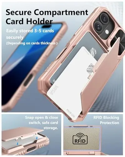 ATATOO iPhone 16 uchun hamyonli gʻilof, ichiga oʻrnatilgan karta ushlagichi (3-5 ta karta sigʻadi) va suriladigan linza qopqogʻi, harbiy darajadagi himoya, zarbaga chidamli silikon himoya gʻilofi iPhone 16 uchun, pushti tilla - 3