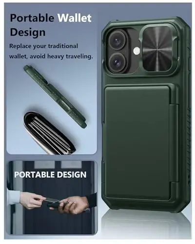 ATATOO iPhone 16 uchun hamyonli g‘ilof, karta ushlagichi bilan (3-5 ta kartani sig‘diradi) [RFID blokirovka] & Sirg‘aluvchi kamera qopqog‘i, Harbiy darajadagi himoya, iPhone 16 6.1