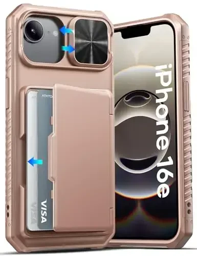 ATATOO for iPhone 16e Case with Card Holder (Store 3-5 Cards) [RFID Blocking] & Slide Lens Cover, Military Grade Protection, Silicone Protective Wallet Case for iPhone 16e 6.1