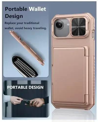 ATATOO for iPhone 16e Case with Card Holder (Store 3-5 Cards) [RFID Blocking] & Slide Lens Cover, Military Grade Protection, Silicone Protective Wallet Case for iPhone 16e 6.1