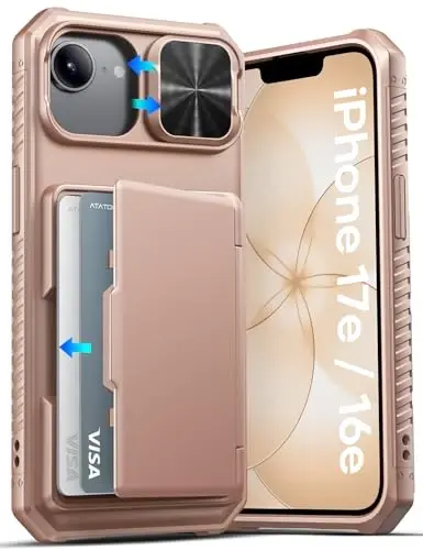 ATATOO for iPhone 17e & 16e Case with Card Holder (Store 3-5 Cards) [RFID Blocking] & Slide Lens Cover, Military Grade Protection, Silicone Protective Wallet Case for iPhone 17e/16e 6.1