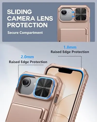 ATATOO iPhone 16e Kılıfı Kart Tutuculu (3-5 Kart Alır) [RFID Engelleme] & Sürgülü Lens Kapağı, Askeri Sınıf Koruma, Silikon Koruyucu Cüzdan Kılıfı iPhone 16e 6.1