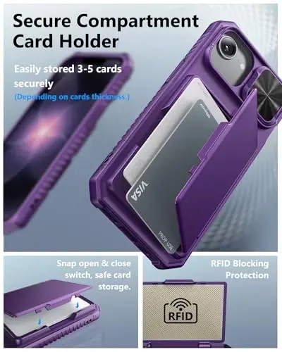 ATATOO iPhone 16e uchun g‘ilof, O‘rnatilgan karta ushlagichi (3-5 ta kartani saqlaydi) & Sürgülü kamera qopqog‘i & RFID blokirovkasi, Harbiy darajadagi himoya, iPhone 16e 6.1