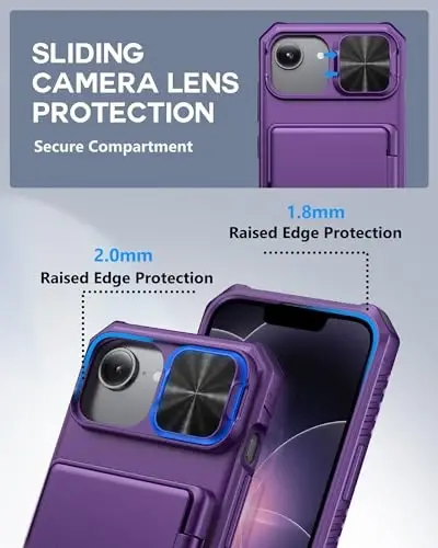 ATATOO iPhone 16e uchun g‘ilof, O‘rnatilgan karta ushlagichi (3-5 ta kartani saqlaydi) & Sürgülü kamera qopqog‘i & RFID blokirovkasi, Harbiy darajadagi himoya, iPhone 16e 6.1