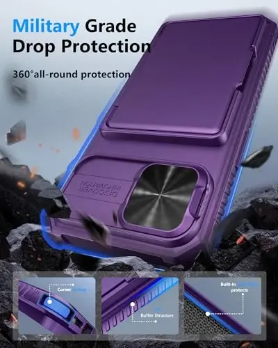 ATATOO iPhone 16e uchun g‘ilof, O‘rnatilgan karta ushlagichi (3-5 ta kartani saqlaydi) & Sürgülü kamera qopqog‘i & RFID blokirovkasi, Harbiy darajadagi himoya, iPhone 16e 6.1