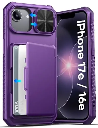 ATATOO iPhone 16e uchun g‘ilof, O‘rnatilgan karta ushlagichi (3-5 ta kartani saqlaydi) & Sürgülü kamera qopqog‘i & RFID blokirovkasi, Harbiy darajadagi himoya, iPhone 16e 6.1
