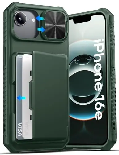 ATATOO iPhone 16e uchun g'ilof, o'rnatilgan karta ushlagichi (3-5 ta kartani saqlaydi) va sirpanuvchi kamera qopqog'i, harbiy darajadagi himoya, og'ir yukga bardoshli mustahkam hamyon iPhone 16e 6.1