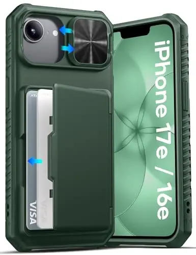 ATATOO iPhone 16e uchun g'ilof, o'rnatilgan karta ushlagichi (3-5 ta kartani saqlaydi) va sirpanuvchi kamera qopqog'i, harbiy darajadagi himoya, og'ir yukga bardoshli mustahkam hamyon iPhone 16e 6.1