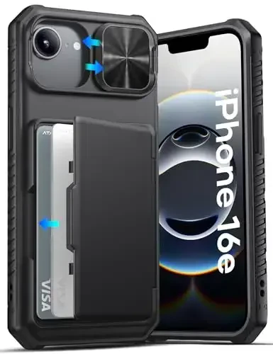 ATATOO iPhone 16e uchun hamyonli gʻilof, oʻrnatilgan karta ushlagichi (3-5 karta) [RFID blokirovka] va sirgʻanuvchi kamera qopqogʻi, harbiy darajadagi himoya, iPhone 16e 6.1