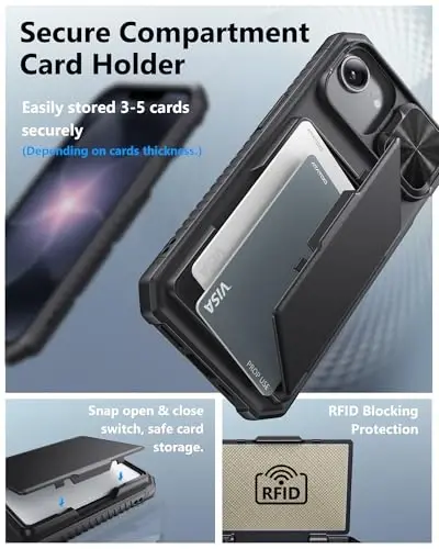 ATATOO iPhone 16e uchun hamyonli gʻilof, oʻrnatilgan karta ushlagichi (3-5 karta) [RFID blokirovka] va sirgʻanuvchi kamera qopqogʻi, harbiy darajadagi himoya, iPhone 16e 6.1