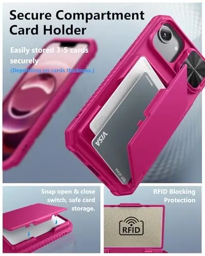 ATATOO iPhone 16e uchun karta ushlagichi (3-5 karta) bilan hamyon g'ilofi [RFID blokirovkasi] va suriluvchi kamera qopqog'i, harbiy darajadagi himoya, ayollar va erkaklar uchun iPhone 16e 6.1